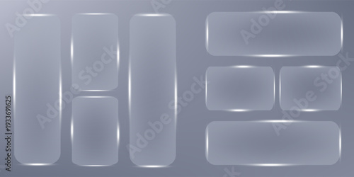 Set of frames and design UI UX elements in the style of liquid glass. Rectangular frosted glass elements. Modern and sleek design suitable for websites and user interfaces.