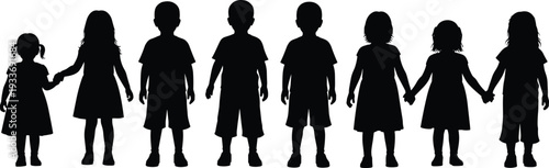 Children silhouettes holding hands in a row, group of diverse boys and girls standing together, childhood friendship vector isolated on white.