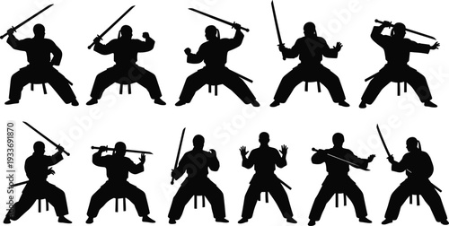 Soccer player silhouettes set showing athlete kicking ball, football player action sequence poses, professional sports movement isolated on white background.