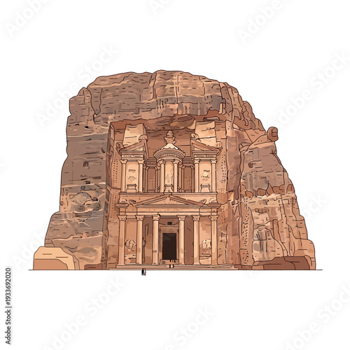 Ancient Petra Treasury Facade Carved into Sandstone Cliff, Jordan