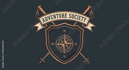 Adventure Society Emblem with Compass and Ski Poles.