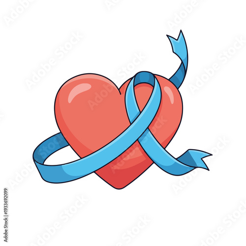 Red heart wrapped with blue ribbon symbolizing love and awareness
