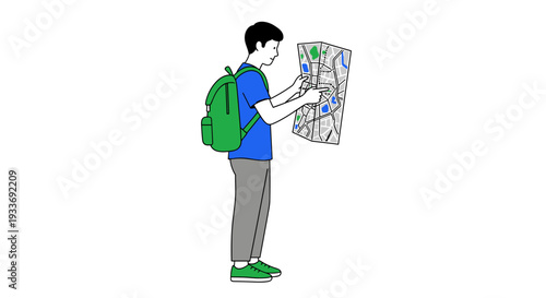 Young man with backpack studying a map while traveling.