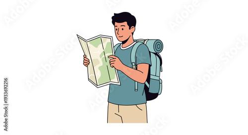 Young man with backpack holding a map and navigating outdoors.