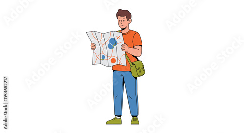 Young man with a map planning his travel adventure.
