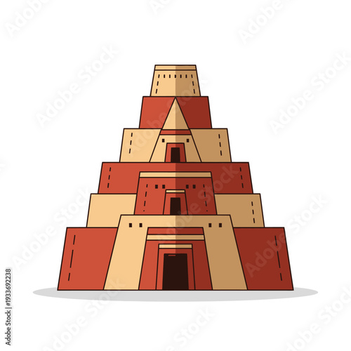 Ancient stepped pyramid temple, flat design, red and beige colors, isolated on white background