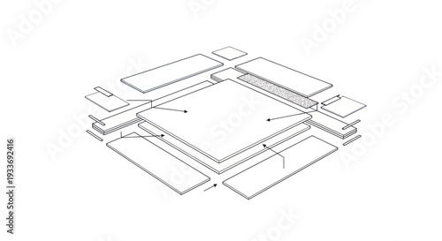 Exploded view diagram of a square object with surrounding components, isometric perspective