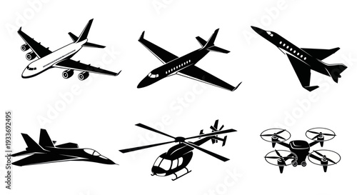 Set of Aircraft Silhouettes: Airplane, Jet, Helicopter, Drone