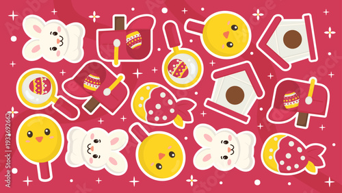 Warm red background with birdhouses yellow chicks and magnifying glasses searching eggs