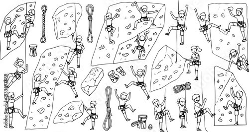 Hand-drawn line art set of diverse people rock climbing and bouldering on various walls, alongside essential climbing gear like ropes, harnesses, and chalk bags, in cartoon style.