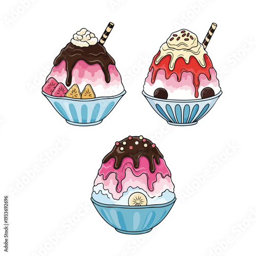 Colorful desserts ice cream bowls with chocolate and fruit toppings