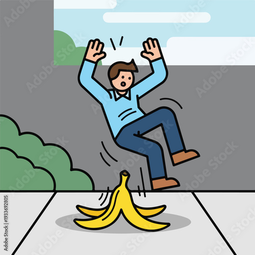 Man slipping on banana peel on sidewalk