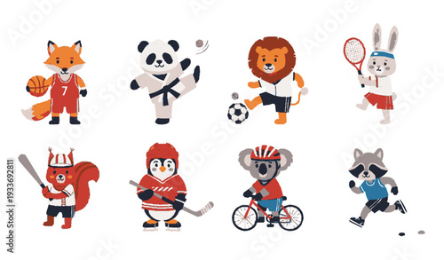 Cute cartoon sports animal vector set with colorful athletic outfits and playful poses for kids illustrations