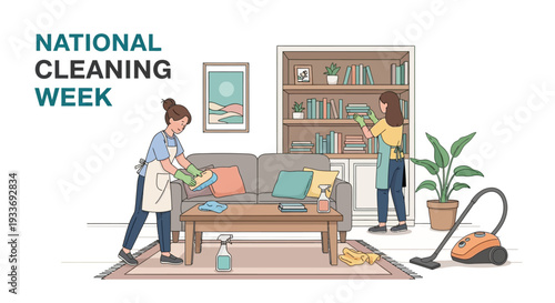 Two people engaged in cleaning activities in a living room with a couch, coffee table, and bookshelf during National Cleaning Week, promoting household cleaning and organization.