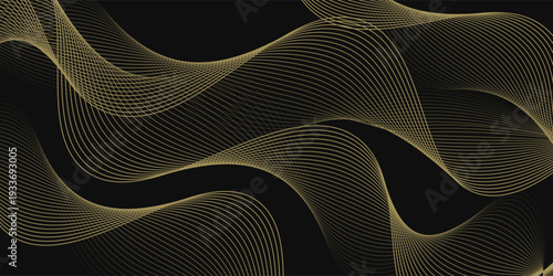 Abstract luxury with shining gold lines waves on black background. Futuristic background of flowing gold lines for banner, poster, cover, brochure, flyer, website