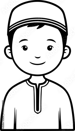 Smiling boy wearing traditional Muslim cap and kurta Black and white vector illustration
