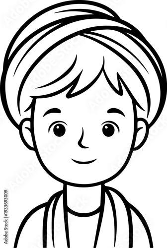 Smiling boy wearing traditional Muslim cap and kurta Black and white vector illustration
