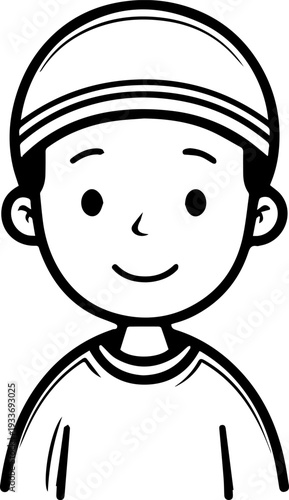 Smiling boy wearing traditional Muslim cap and kurta Black and white vector illustration
