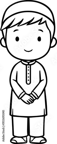 Smiling boy wearing traditional Muslim cap and kurta Black and white vector illustration
