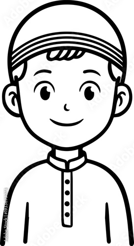 Smiling boy wearing traditional Muslim cap and kurta Black and white vector illustration
