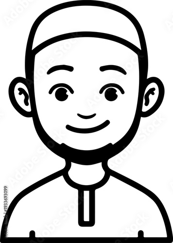 Smiling boy wearing traditional Muslim cap and kurta Black and white vector illustration
