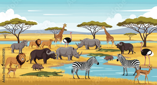 Wide variety of wild african animals including giraffes zebras lions and rhinos gathered near a waterhole in the savanna plains.