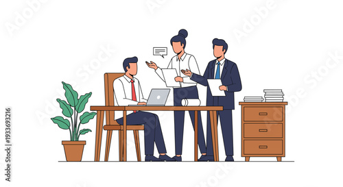 Group of professional business colleagues discussing documents and working on a laptop in a bright modern office environment.