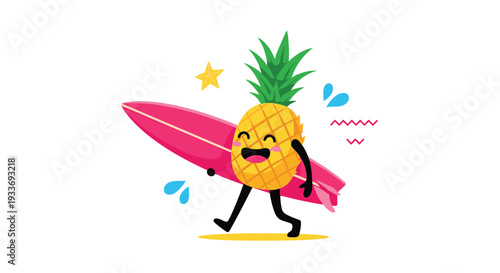Cheerful cartoon pineapple character carrying a pink surfboard and walking on a sandy beach during a sunny summer vacation day.