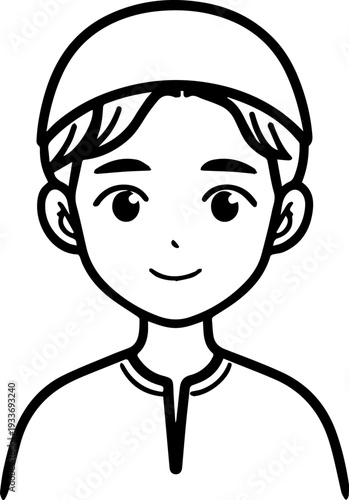 Smiling boy wearing traditional Muslim cap and kurta Black and white vector illustration
