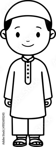 Smiling boy wearing traditional Muslim cap and kurta Black and white vector illustration
