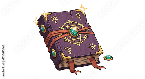 Ancient magical spellbook bound in purple leather with golden symbols and green gemstones sparkling with enchanted power and light.