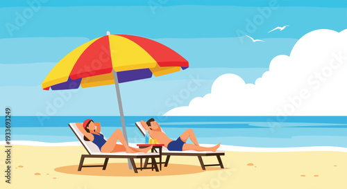 Young couple relaxing and sunbathing on lounge chairs under a colorful umbrella at a beautiful tropical beach with ocean waves.