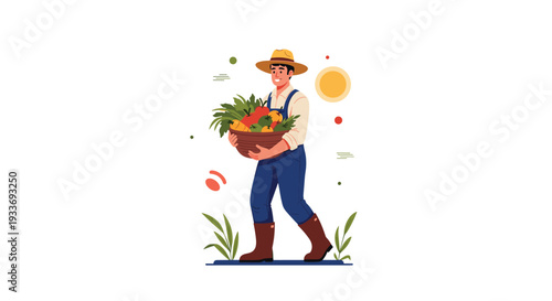 Smiling male farmer wearing a straw hat and overalls while carrying a wooden basket filled with fresh harvested vegetables.