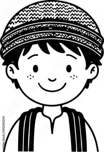 Smiling boy wearing traditional Muslim cap and kurta Black and white vector illustration
