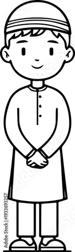 Smiling boy wearing traditional Muslim cap and kurta Black and white vector illustration
