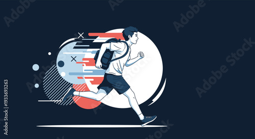 Energetic young boy with a backpack running quickly across a stylized background representing speed and active movement for school.
