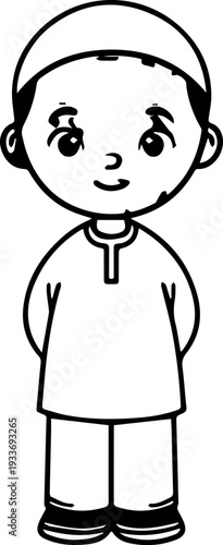 Smiling boy wearing traditional Muslim cap and kurta Black and white vector illustration

