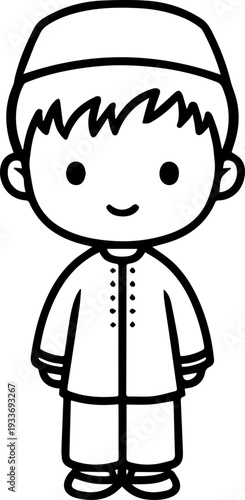 Smiling boy wearing traditional Muslim cap and kurta Black and white vector illustration
