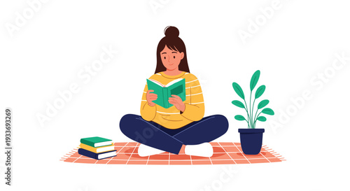 Young woman sitting cross-legged on a patterned rug reading an interesting book with a houseplant and stack of books nearby.