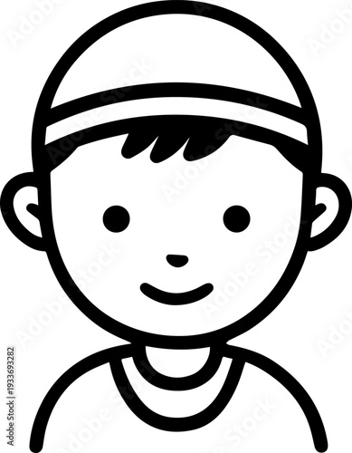 Smiling boy wearing traditional Muslim cap and kurta Black and white vector illustration

