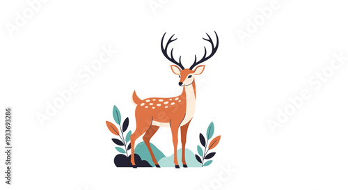 Elegant spotted deer standing gracefully in a white background surrounded by stylized colorful leaves and natural elements.