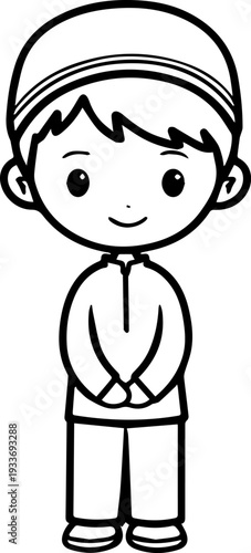Smiling boy wearing traditional Muslim cap and kurta Black and white vector illustration
