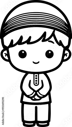 Smiling boy wearing traditional Muslim cap and kurta Black and white vector illustration
