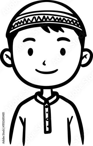 Smiling boy wearing traditional Muslim cap and kurta Black and white vector illustration
