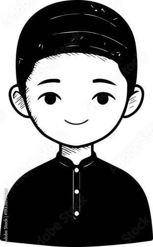 Smiling boy wearing traditional Muslim cap and kurta Black and white vector illustration
