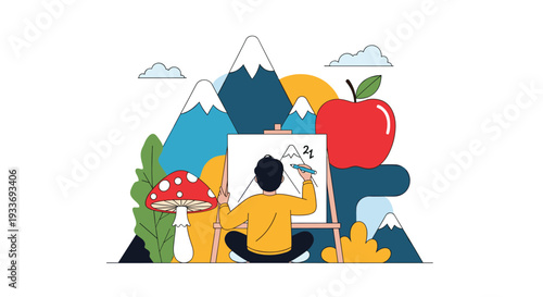 Talented artist sitting on the floor and painting a beautiful mountain landscape on a canvas easel surrounded by artistic elements.