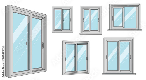 Set of modern sliding window designs with gray frames and glass panes shown from different angles and in various sizes.