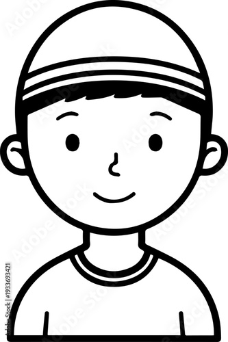 Smiling boy wearing traditional Muslim cap and kurta Black and white vector illustration
