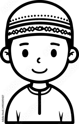 Smiling boy wearing traditional Muslim cap and kurta Black and white vector illustration
