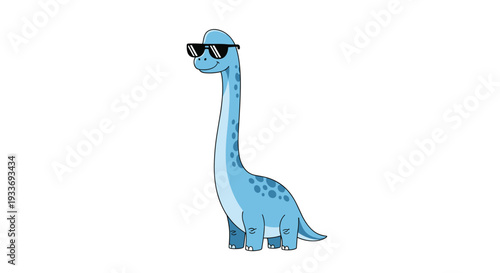 Funny illustration of a long-neck dinosaur wearing dark sunglasses standing on a white background with a cool and confident pose.